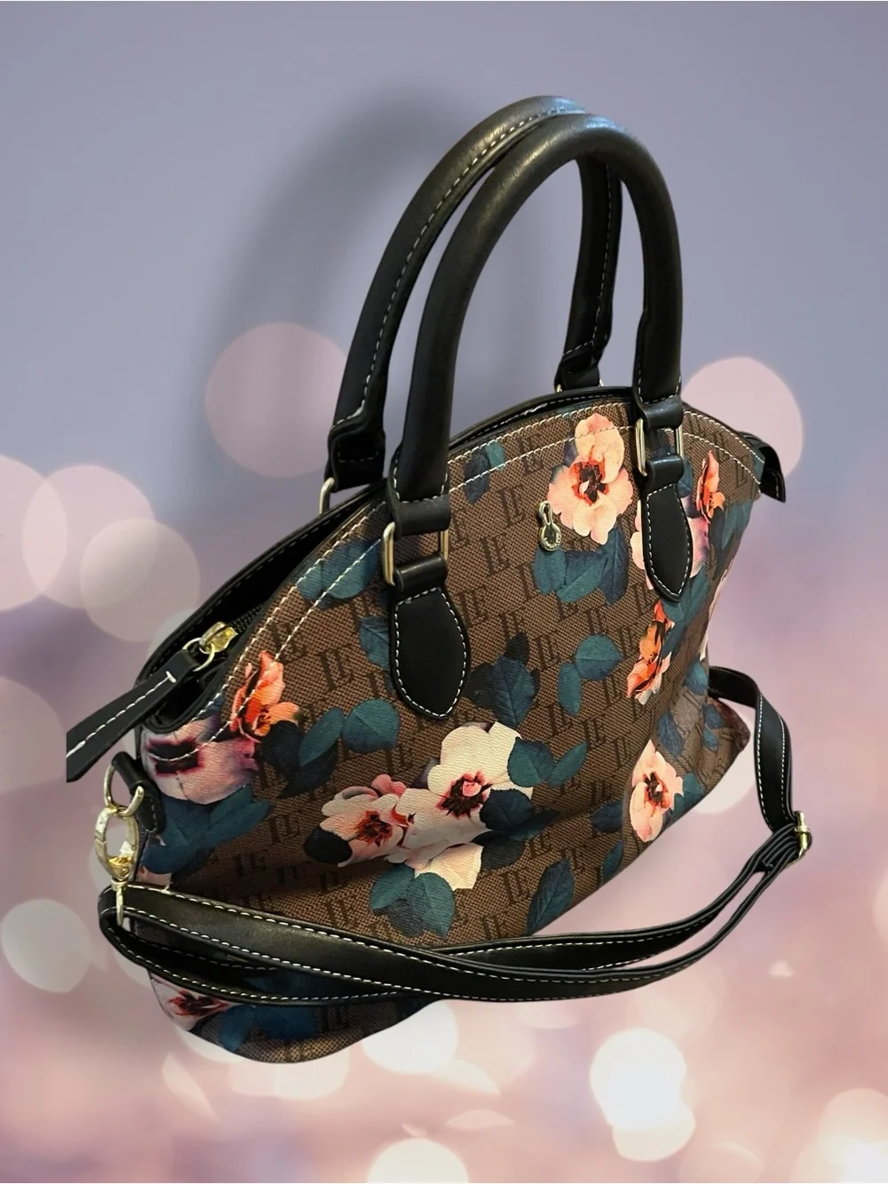 London Fog Floral Monogram Dome Satchel Handbag Brown Pink